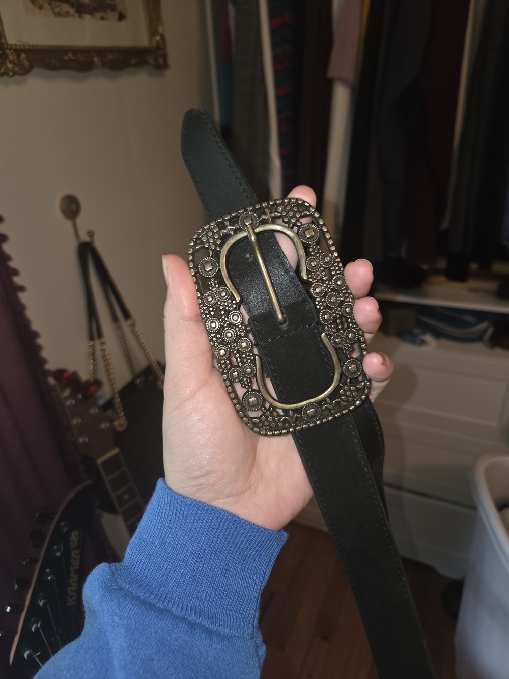 Free People Black Leather Belt with Ornate Gold-Tone Buckle